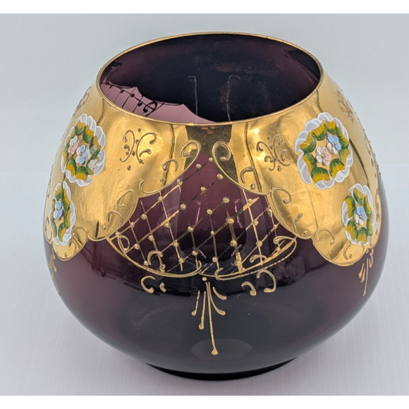 Large Bohemian Glass Bowl Purple Amethyst Gold Gilt Enameled Applied Flowers 7" - Picture 6 of 13
